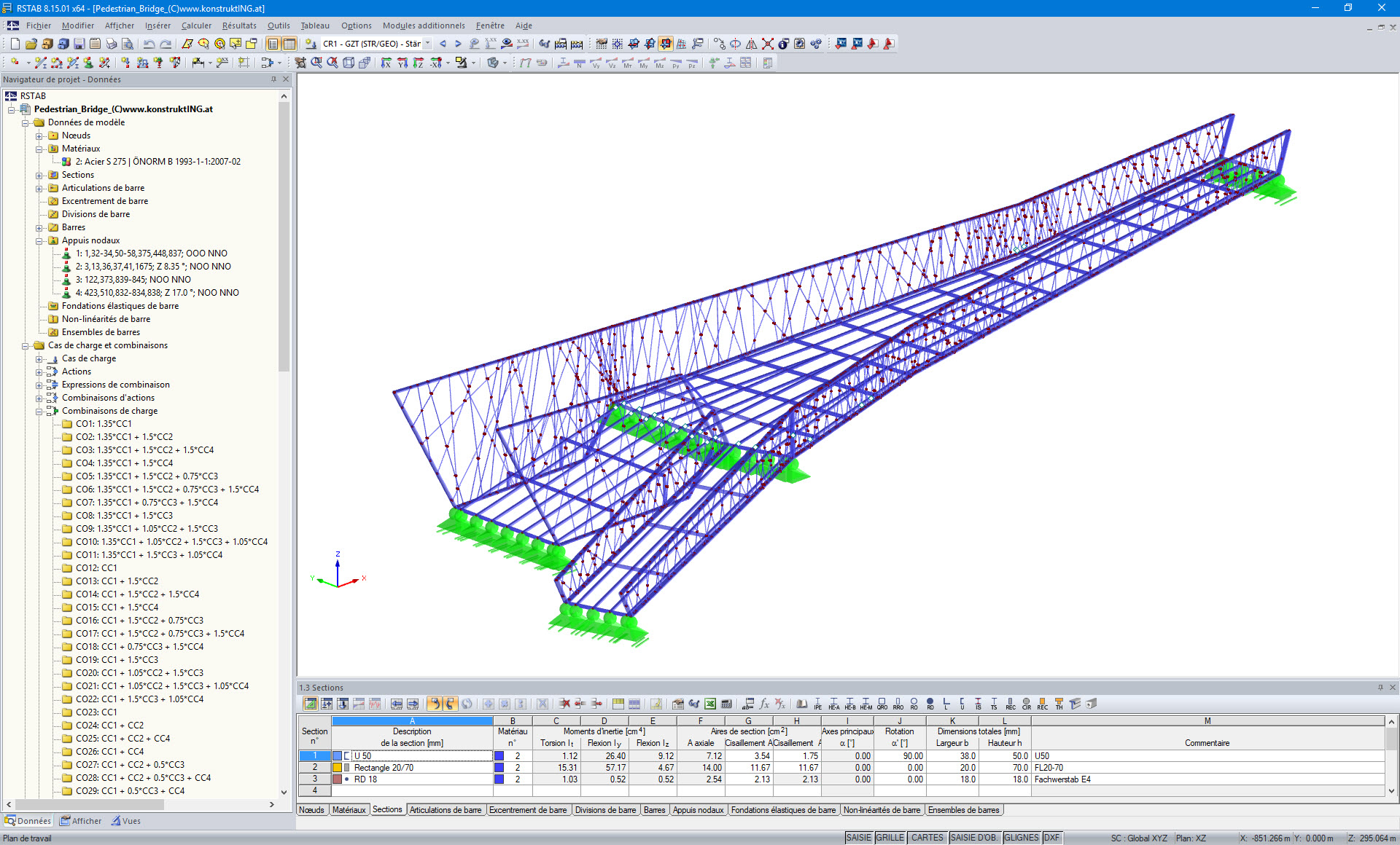 Modèle 3D d'une passerelle piétonne dans RSTAB (© Konstrukt: ING GmbH)