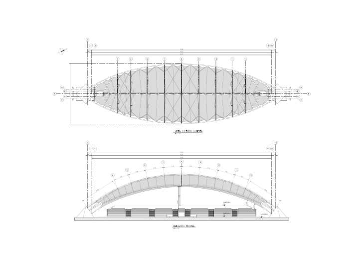 Plan avec vue du dessus (en haut) et coupe transversale du toit (en bas, © FHS Ingeniería Estructural Ltda.)