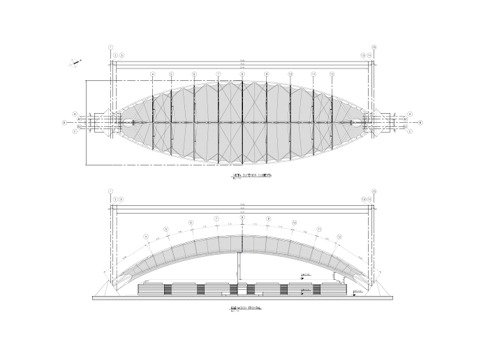 Plan avec vue du dessus (en haut) et coupe transversale du toit (en bas, © FHS Ingeniería Estructural Ltda.)