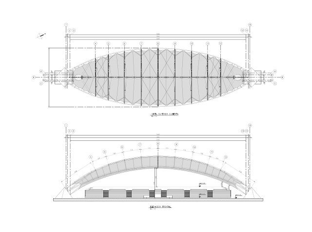 Plan avec vue du dessus (en haut) et coupe transversale du toit (en bas, © FHS Ingeniería Estructural Ltda.)