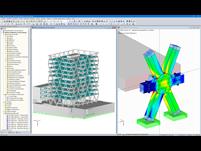 Modèle 3D du siège de la société Markas (à gauche) et analyse des contraintes d'un nœud du treillis dans RFEM (à droite, ©ATP)