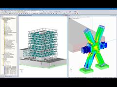 Modèle 3D du siège de la société Markas (à gauche) et analyse des contraintes d'un nœud du treillis dans RFEM (à droite, ©ATP)