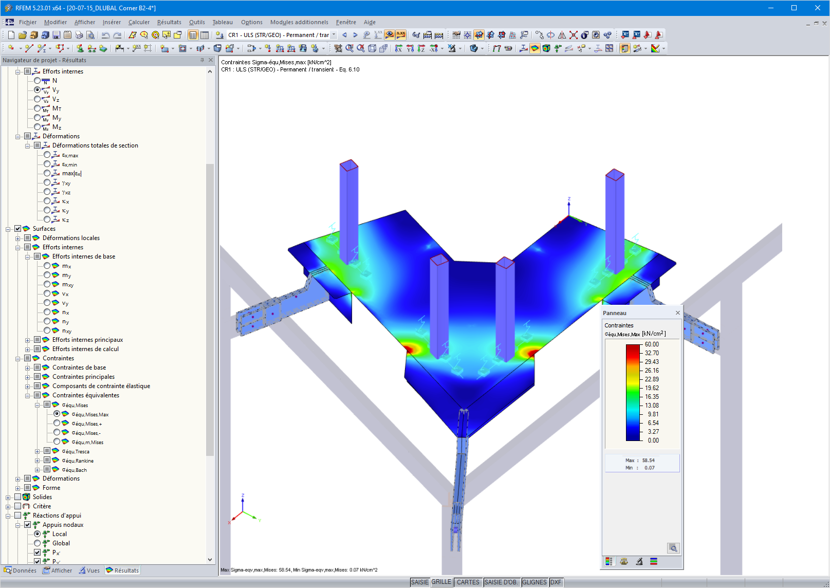 Fassadenkonstruktion | Stahlspannungen eines Eckfestpunktes