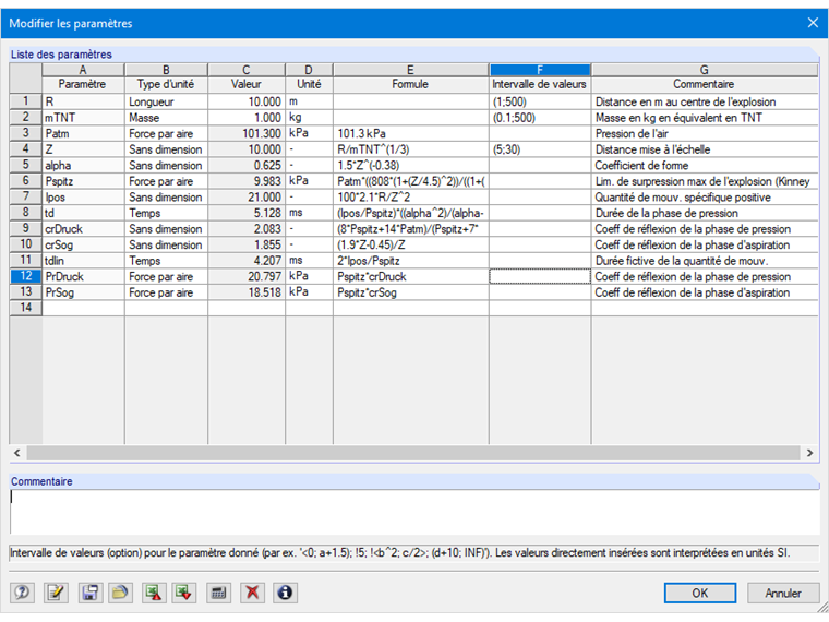 Liste des paramètres
