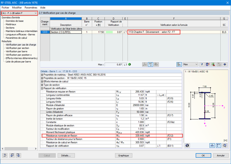 Résultats pour le déversement dans RF-STEEL AISC selon le chapitre F