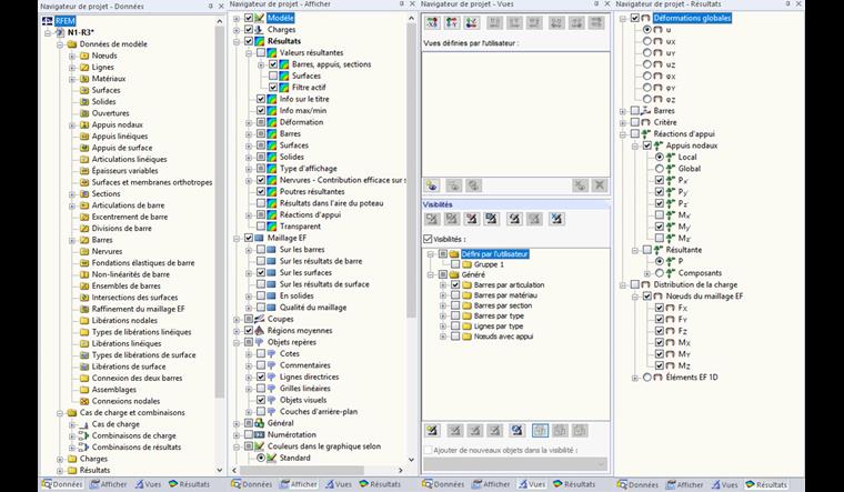 Onglets « Données », « Affichage », « Vues » et « Résultats » du Navigateur de projet