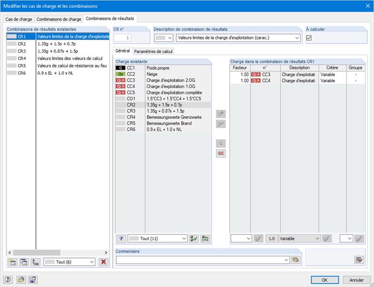 Définition des combinaisons de résultats