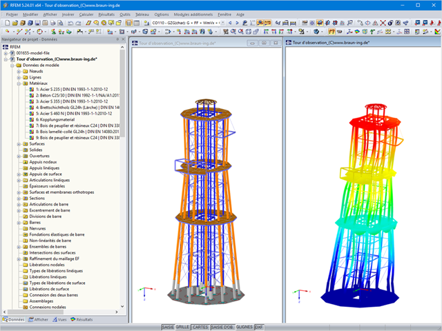 Modèle (à gauche) et déformations (à droite) de la tour d'observation dans RFEM (© Ingenieurbüro Braun GmbH & Co. KG)