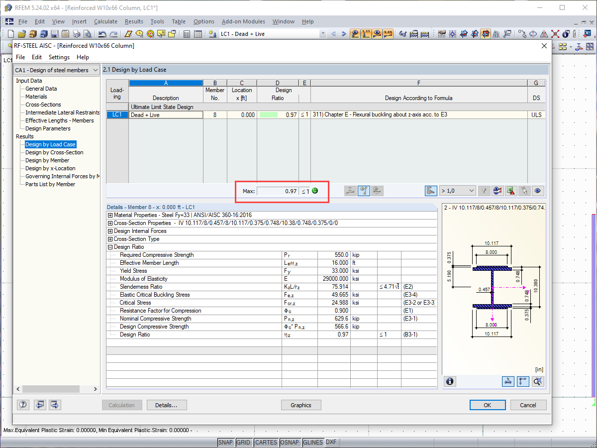 Résultat final de la vérification dans RF-STEEL AISC