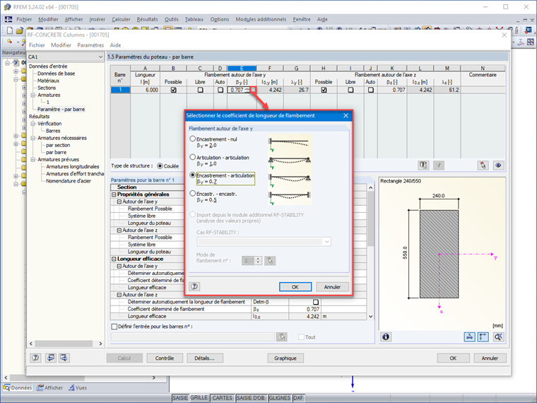 Valeurs prédéfinies du coefficient de longueur de flambement autour de l’axe y