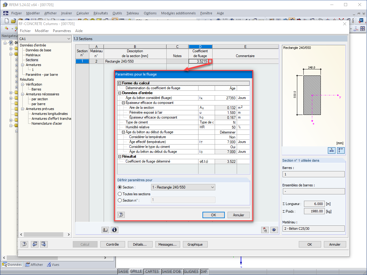 Paramètres du fluage dans les données d’entrée