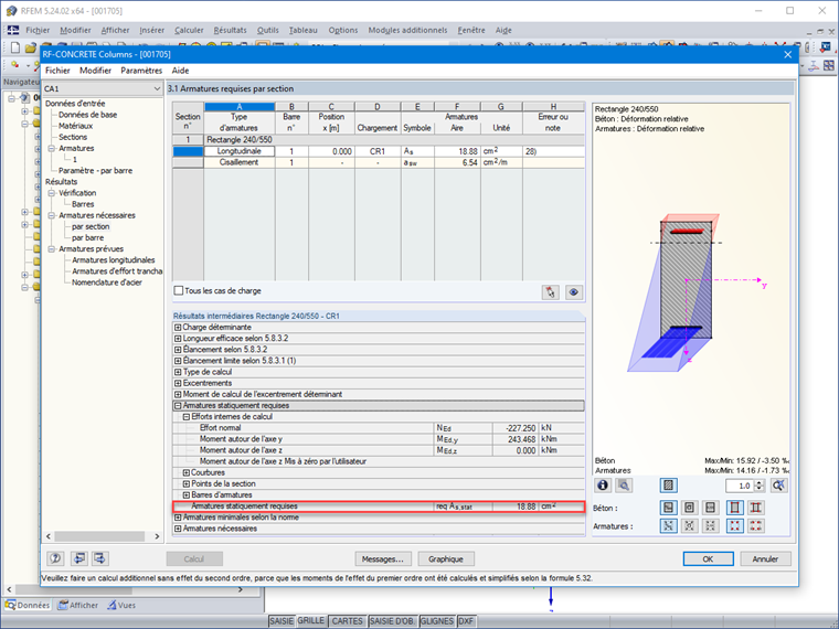 Armatures requises déterminées par RF-CONCRETE Columns