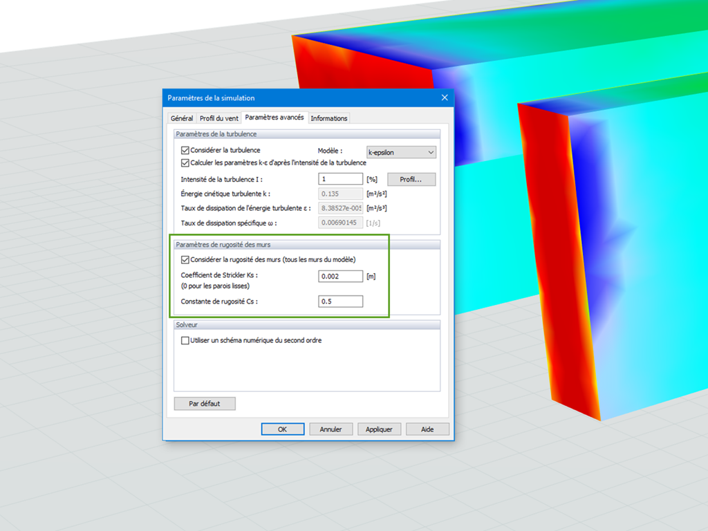 Définition de la rugosité des murs dans RWIND Simulation
