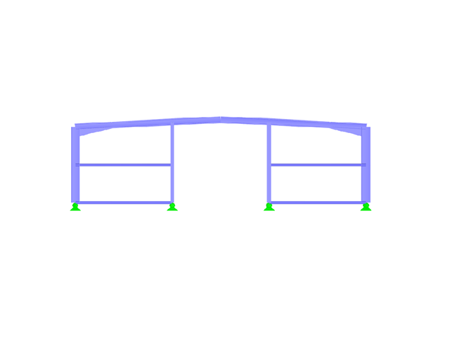 Halle en acier avec une toiture à deux versants plane, vue en direction de l'axe Y