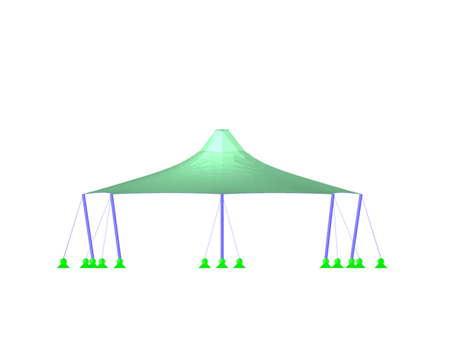 Toiture de tente avec deux extrémités de cône, vue directionnelle sur l'axe X