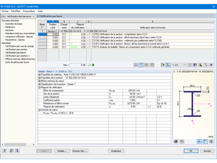 Vérification selon la méthode générale pour une barre à inertie variable