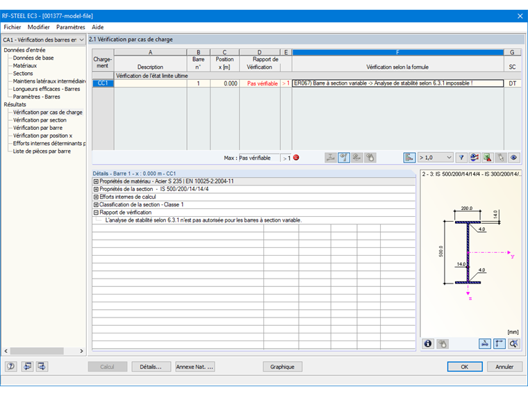 Message d'erreur lors de la vérification d'une poutre à inertie variable selon la méthode de la barre équivalente