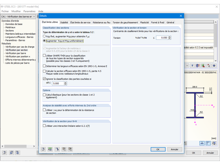 Paramètres détaillés pour les ensembles de barres
