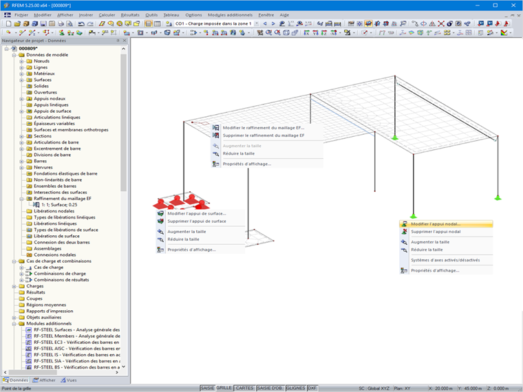 Menu contextuel pour les appuis et le raffinement de maillage EF