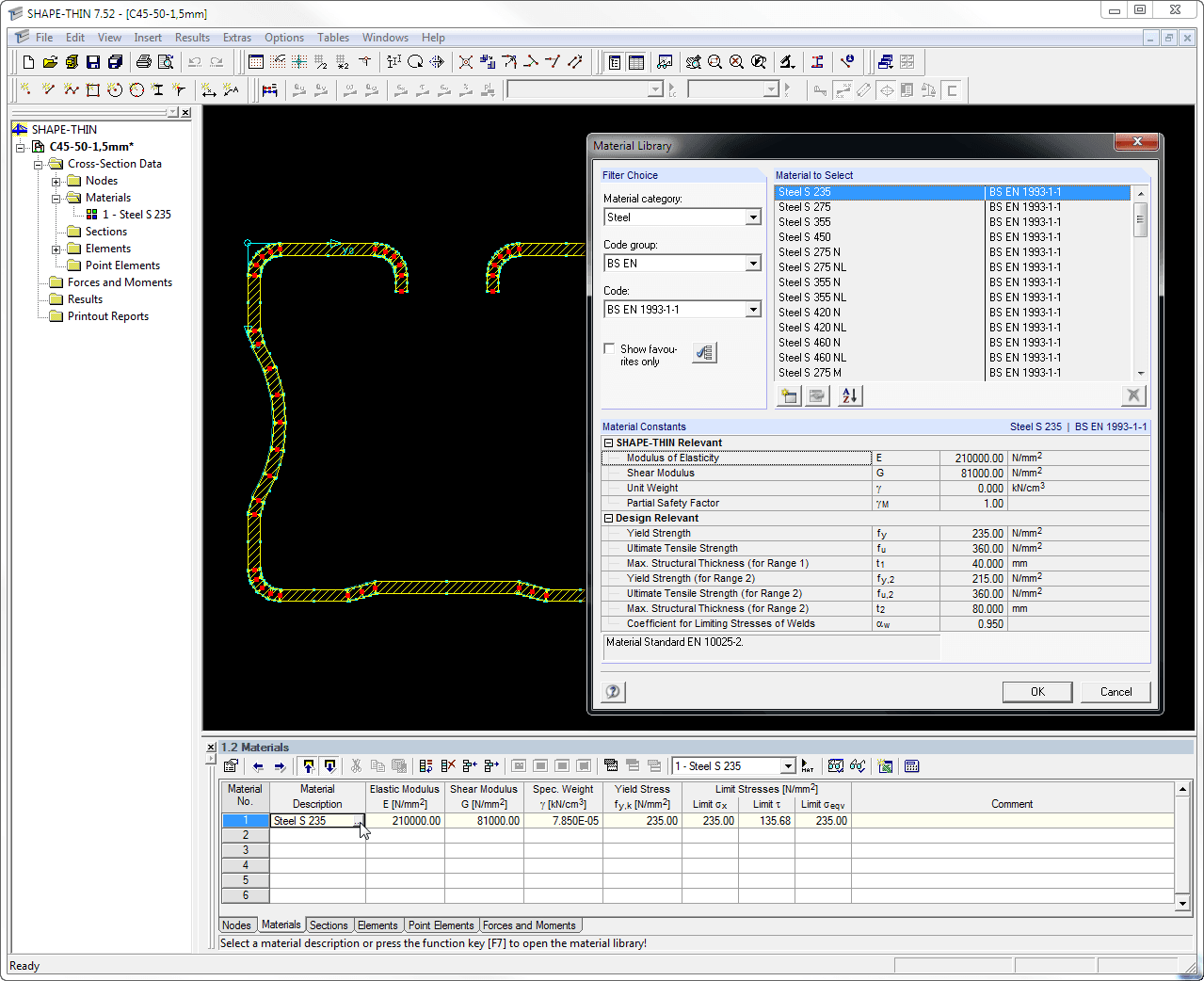 Sélection de matériaux dans SHAPE-THIN