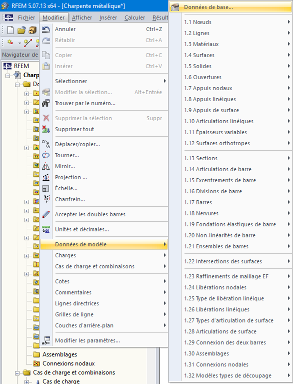 Données générales via le menu