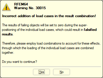 Avertissement RFEM avant le calcul d'une combinaison de résultats
