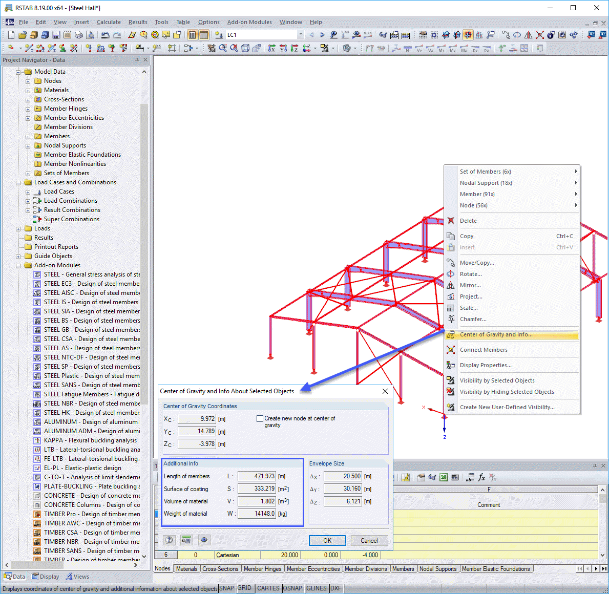 Centre de gravité et informations sur les objets sélectionnés