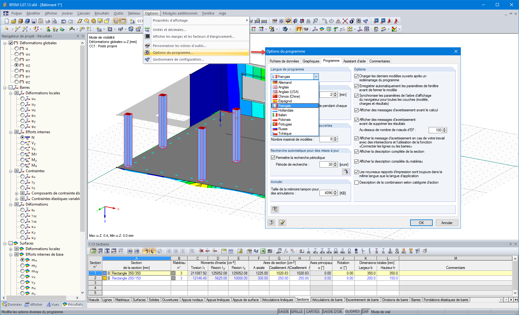 Sélection de la langue du programme