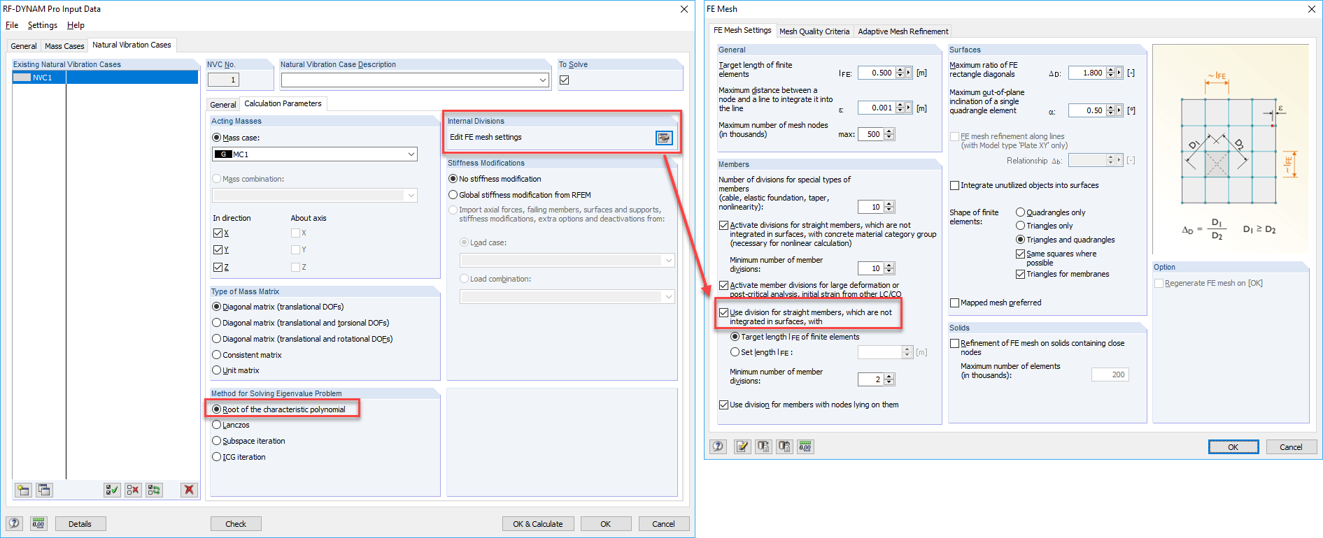 RFEM : Activation de la division pour les barres droites