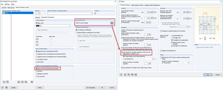 RFEM : Activation de la division pour les barres droites