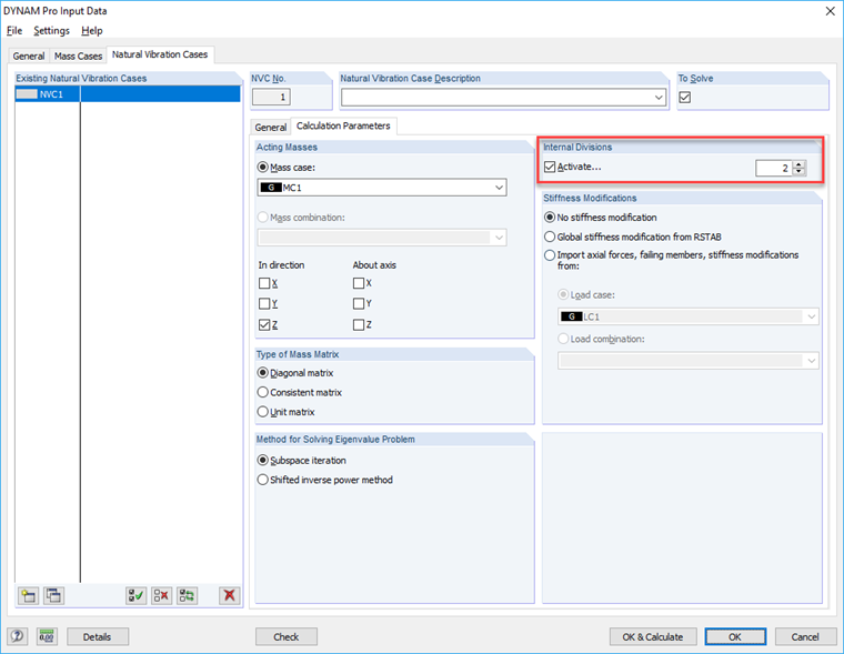 RSTAB: Activation de la division de barre interne