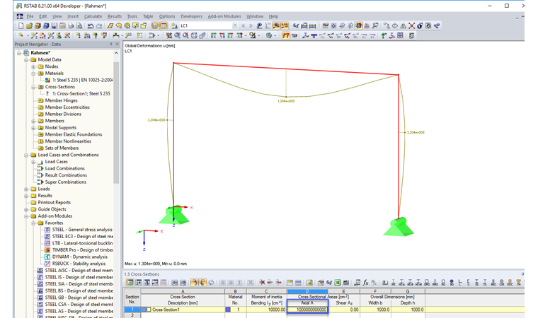 Aire de section définie manuellement et déformations