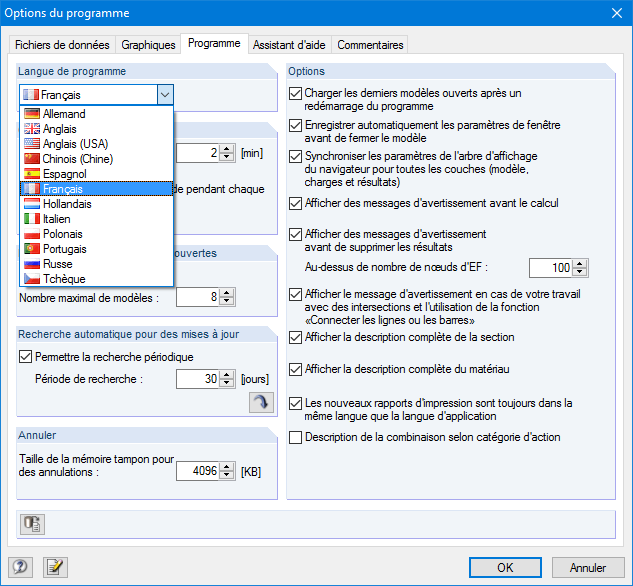 Options et paramètres de programme