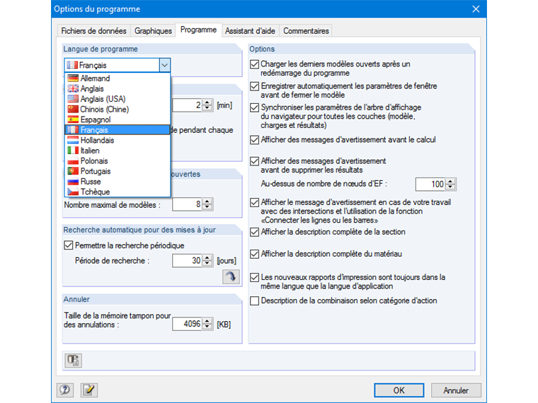 Options et paramètres de programme