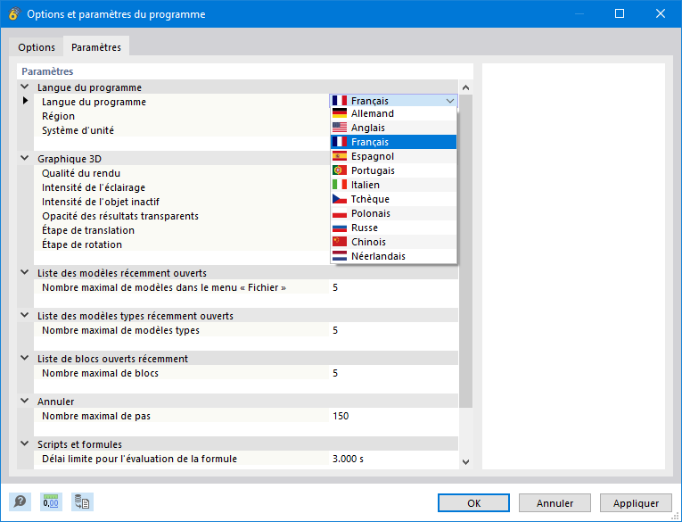Réglage de la langue dans les paramètres