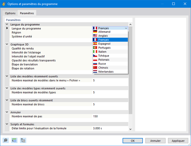 Réglage de la langue dans les paramètres