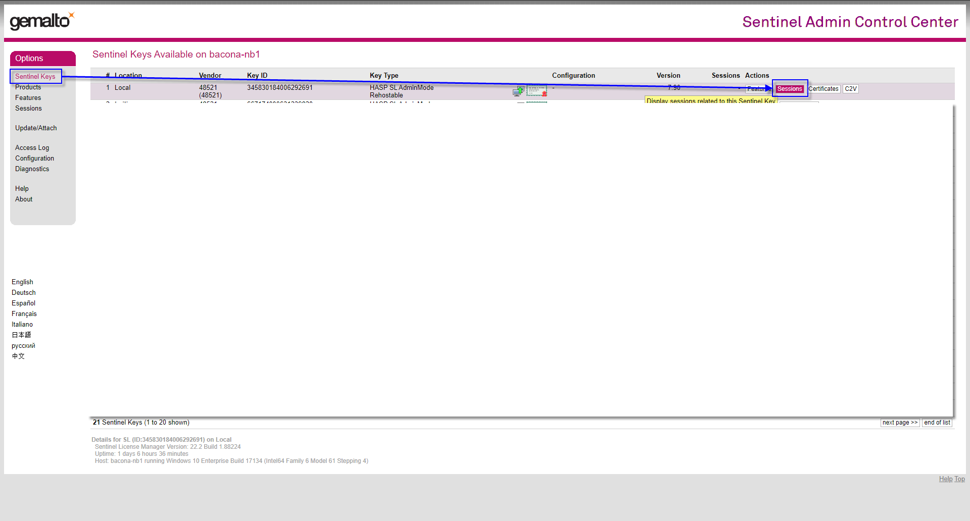 Clés Sentinel et sessions