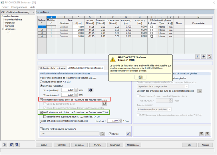 Ouverture des fissures définie par l’utilisateur - Message d’erreur