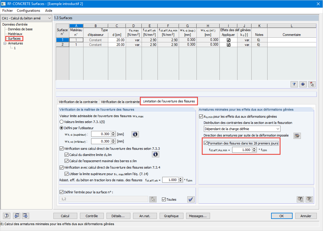 Paramètres de la limite de largeur de fissure
