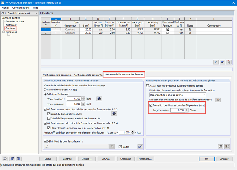 Paramètres de la limite de largeur de fissure