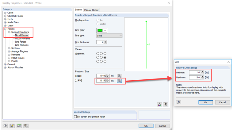 Modification des paramètres des limites relatives des forces nodales