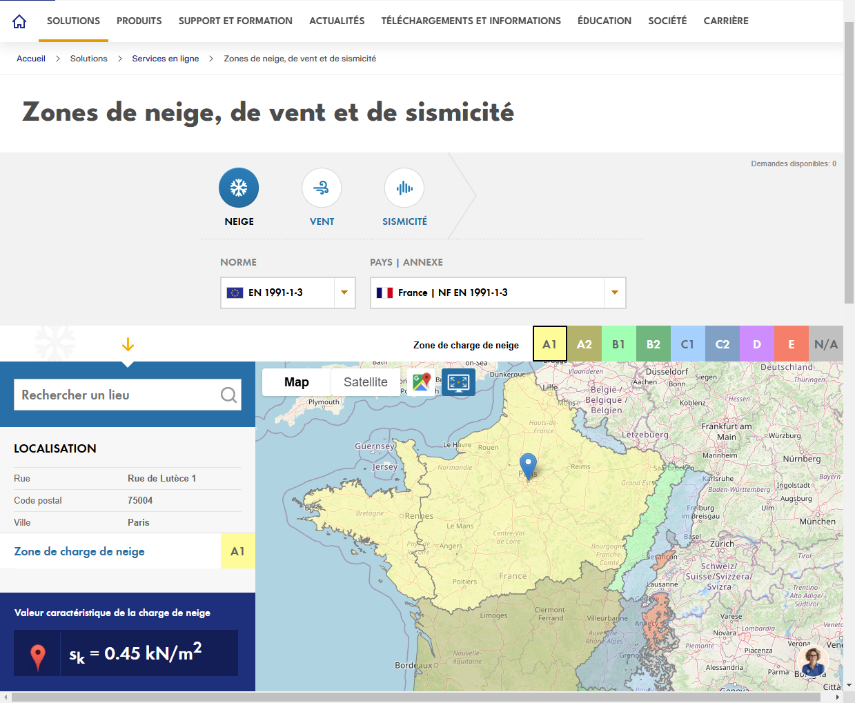 Trouver l’emplacement en France sur Google Maps et déterminer la charge de neige correspondante