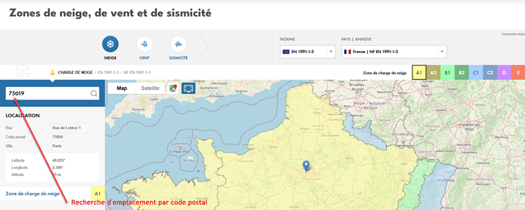 Recherche de la zone de charge de neige et de la charge de neige par code postal