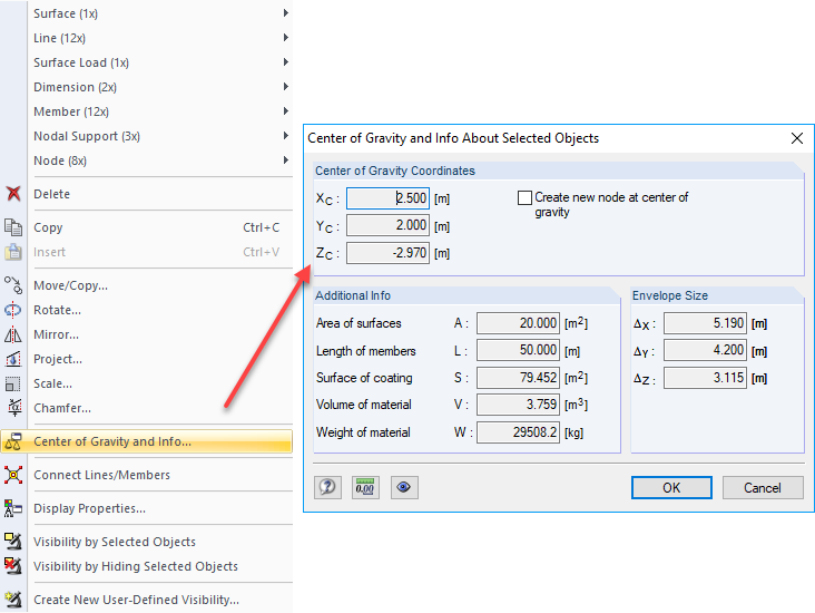 Fonction « Centre de gravité et informations »