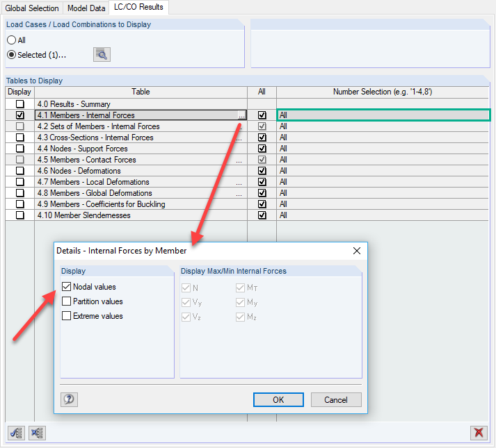 Activation des valeurs nodales pour le tableau 4.1 dans le rapport d'impression