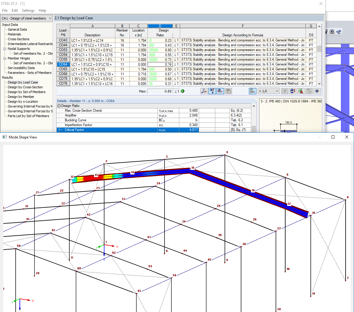 Fenêtre d'affichage du mode propre calculé (forme critique de flambement)