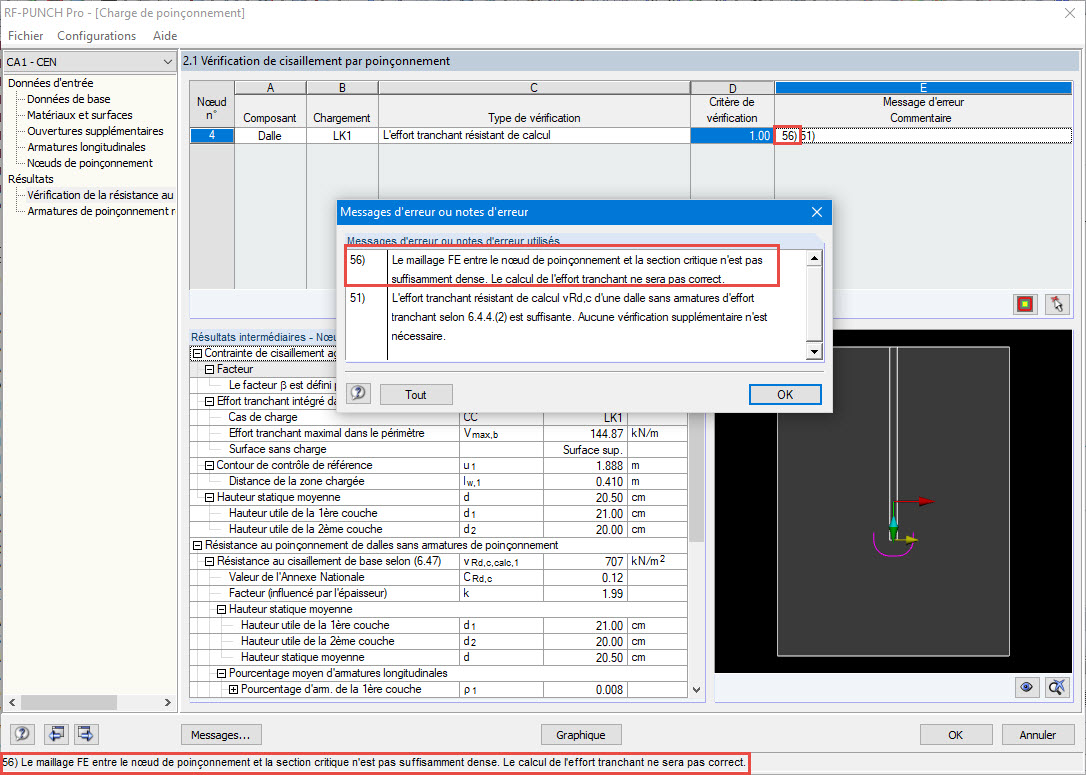 Message n° 56 dans la fenêtre de résultats 2.1