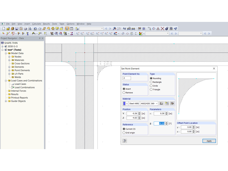 Section dans SHAPE-THIN avec éléments ponctuels (surlignés en rouge)