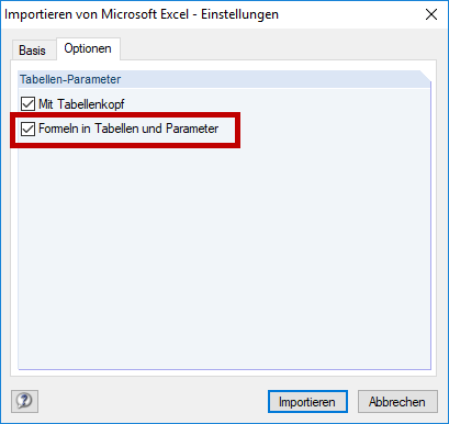 Importer à partir de Microsoft Excel - Paramètres