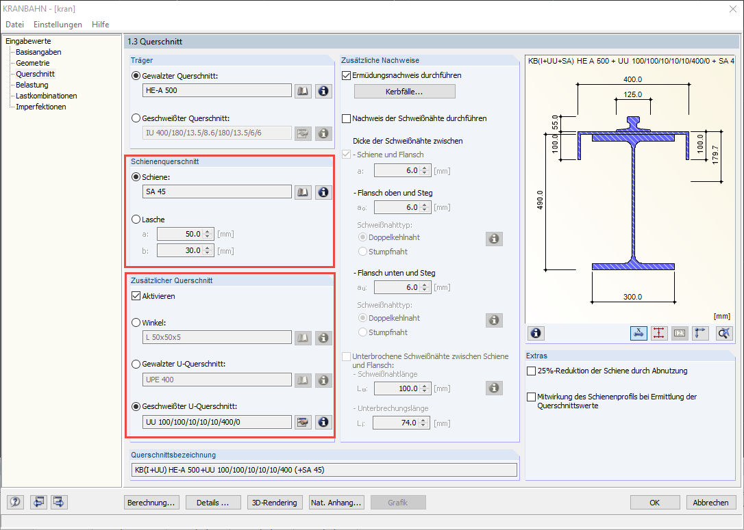 Définition d'une section de rail et d'une section supplémentaire